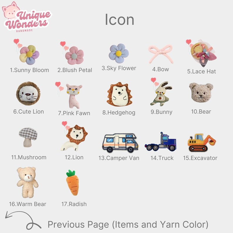 Pu&ograve; includere: Una collezione di icone fatte a mano, tra cui un fiore, un fiocco e forme di animali come un leone, un orso e un coniglio. Il testo "Unique Wonders Handmade" e "Icon" sono visualizzati. Le icone sono numerate e nominate.