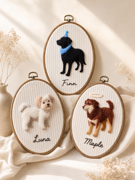 Custom Wool Felt Pet Portrait Hoop, Handmade Memorial Keepsake, Photo to Art