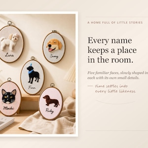 May include: Five oval embroidery hoops containing needle-felted animal portraits. The felted figures include a white dog, a golden dog, a black dog with a blue collar, a black and white cat, and a brown dachshund. Each hoop features a name embroidered below the animal: Luna, Sunny, Finn, Mochi, and Ruby. The text on the right reads: A HOME FULL OF LITTLE STORIES. Every name keeps a place in the room. Five familiar faces, slowly shaped in felt, each with its own small details. time settles into every little likeness.