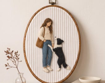 Custom Wool Felt Portrait, Person and Pet Keepsake Hoop, Handmade Photo Art
