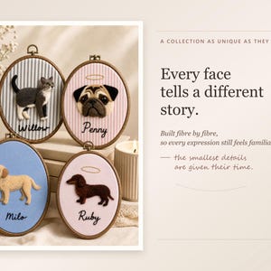 May include: Four oval embroidery hoops featuring needle-felted pet portraits. The top left hoop shows a grey and white cat named Willow on striped fabric. The top right shows a pug named Penny with a halo. The bottom left shows a golden dog named Milo on blue fabric. The bottom right shows a brown dachshund named Ruby with a halo on pink fabric.