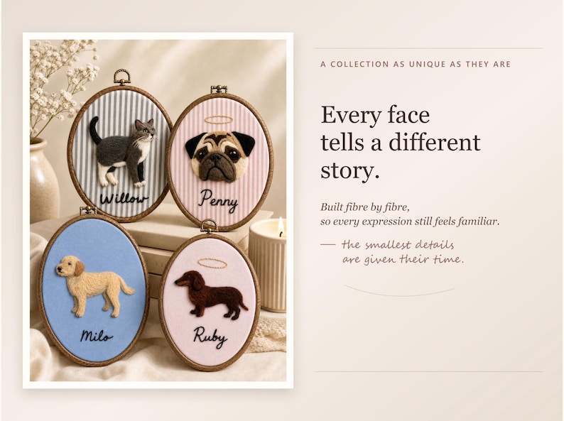 May include: Four oval embroidery hoops featuring needle-felted pet portraits. The top left hoop shows a grey and white cat named Willow on striped fabric. The top right shows a pug named Penny with a halo. The bottom left shows a golden dog named Milo on blue fabric. The bottom right shows a brown dachshund named Ruby with a halo on pink fabric.