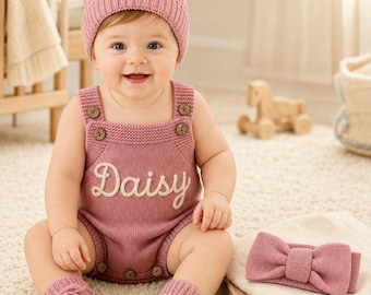 Personalized Knitted Baby Romper, Custom Name Outfit, Optional Hat Set