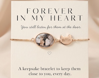 Personalised Pet Photo Bracelet, Custom Dog Cat Name Keepsake, Gold Silver Rose Gold