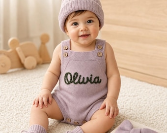 Personalized Knitted Baby Romper, Custom Name Outfit, Optional Hat Set