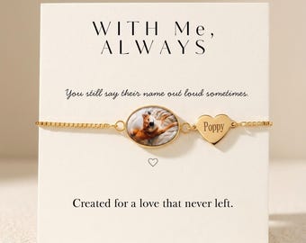 Personalised Pet Photo Bracelet, Custom Dog Cat Name Keepsake, Gold Silver Rose Gold