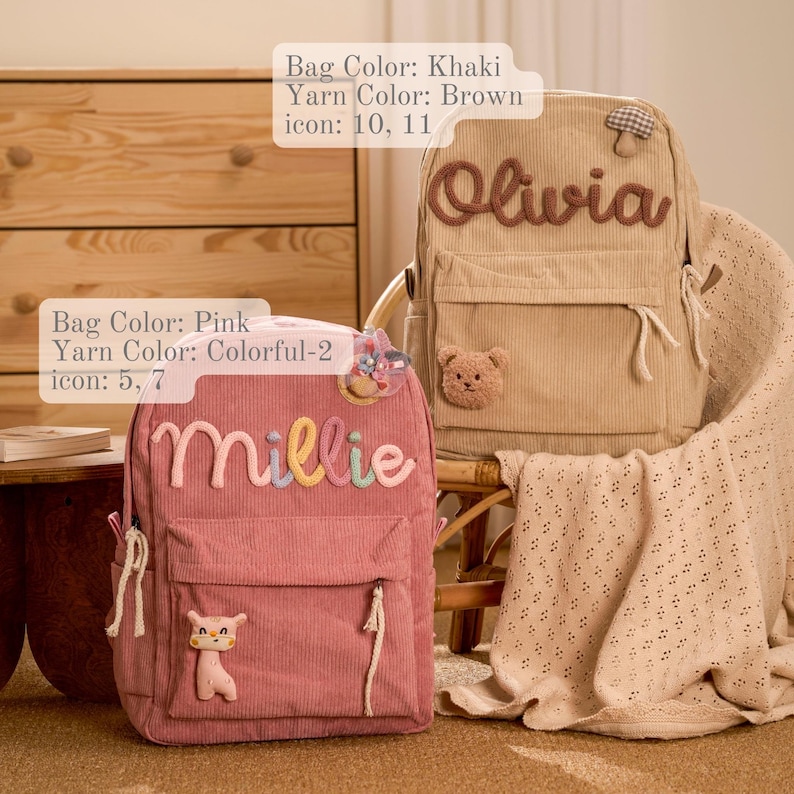 Op de afbeelding: Twee corduroy rugzakken, &eacute;&eacute;n roze en &eacute;&eacute;n kaki. De roze rugzak heeft de naam "Millie" in kleurrijk garen en een kleine berenapplicatie. De kaki rugzak heeft de naam "Olivia" in bruin garen en een paddenstoelapplicatie.