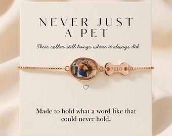 Personalised Pet Photo Bracelet, Custom Dog Cat Name Keepsake, Gold Silver Rose Gold