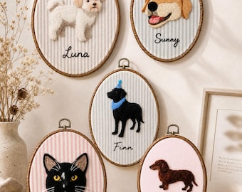 Custom Wool Felt Pet Portrait Hoop, Handmade Memorial Keepsake, Photo to Art