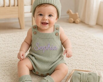 Personalized Knitted Baby Romper, Custom Name Outfit, Optional Hat Set