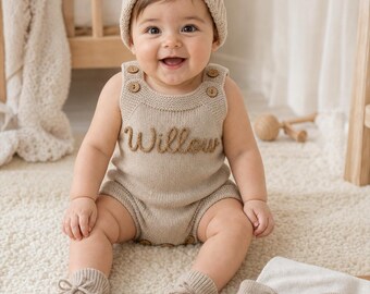 Personalized Knitted Baby Romper, Custom Name Outfit, Optional Hat Set