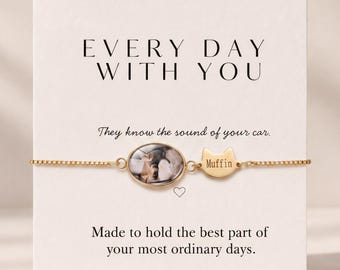 Personalised Pet Photo Bracelet, Custom Dog Cat Name Keepsake, Gold Silver Rose Gold
