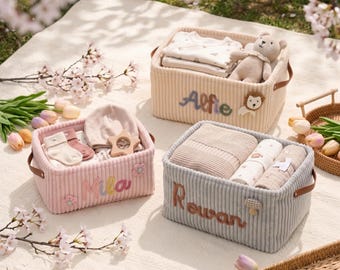 Panier de rangement personnalisé en velours côtelé pour chambre d'enfant, poubelle à jouets avec nom personnalisé, cadeau de baby shower, décoration de chambre