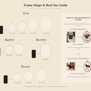 May include: A size guide infographic for custom embroidery hoops featuring oval, round, octagonal, and rectangular frame shapes. It includes dimensions in centimeters, a reference to an iPhone 14 at 14.7 cm, and a photo requirement guide for pet portraits.