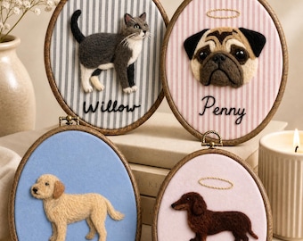 Custom Wool Felt Pet Portrait Hoop, Handmade Memorial Keepsake, Photo to Art