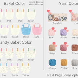 Pu&ograve; includere: Immagine che mostra opzioni personalizzabili per cesti pasquali. Presenta cesti in vari colori come rosa, rosa, kaki e verde, con colori di filo coordinati. Include opzioni di testo per nomi come "Claire" e "Belle". Le dimensioni del cesto sono 20 cm di altezza e 33 cm di larghezza.