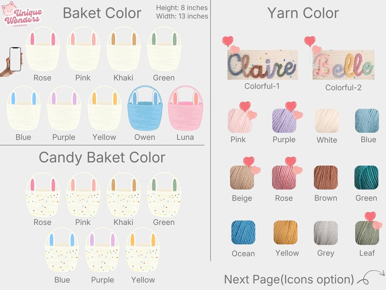 Pu&ograve; includere: Immagine che mostra opzioni personalizzabili per cesti pasquali. Presenta cesti in vari colori come rosa, rosa, kaki e verde, con colori di filo coordinati. Include opzioni di testo per nomi come "Claire" e "Belle". Le dimensioni del cesto sono 20 cm di altezza e 33 cm di larghezza.
