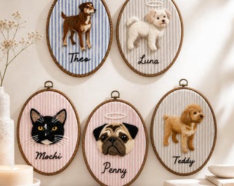 Custom Wool Felt Pet Portrait Hoop, Handmade Memorial Keepsake, Photo to Art