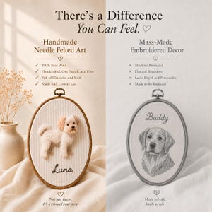 May include: A comparison graphic featuring a handmade needle felted dog portrait labeled Luna in a wooden hoop on the left, and a mass-made embroidered dog portrait labeled Buddy in a grey hoop on the right, with text detailing the differences.
