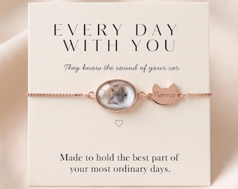 Personalised Pet Photo Bracelet, Custom Dog Cat Name Keepsake, Gold Silver Rose Gold