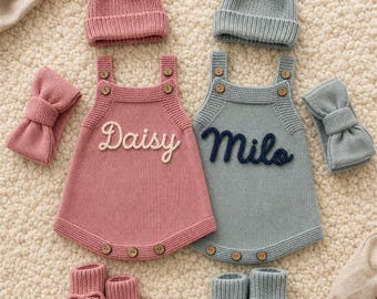Personalized Knitted Baby Romper, Custom Name Outfit, Optional Hat Set
