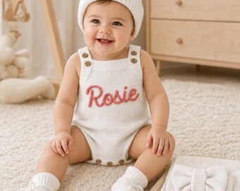Personalized Knitted Baby Romper, Custom Name Outfit, Optional Hat Set