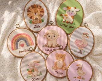 Personalized Needle Felt Hoop Art, Custom Baby Name Nursery Decor, Animal Portrait Wall Hanging