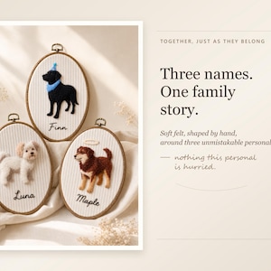 May include: Three oval embroidery hoops featuring felted dog portraits on white pinstriped fabric. The top hoop shows a black dog named Finn, the bottom left shows a white dog named Luna, and the bottom right shows a brown dog named Maple.