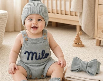 Personalized Knitted Baby Romper, Custom Name Outfit, Optional Hat Set