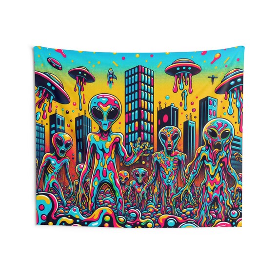 Trippy Alien Invasion Tapestry Ufos Drippy Colorful Camping Music Festival Flag EDM Bonnaroo Electric Forest Trippy Wall Art Dorm Decor Etsy