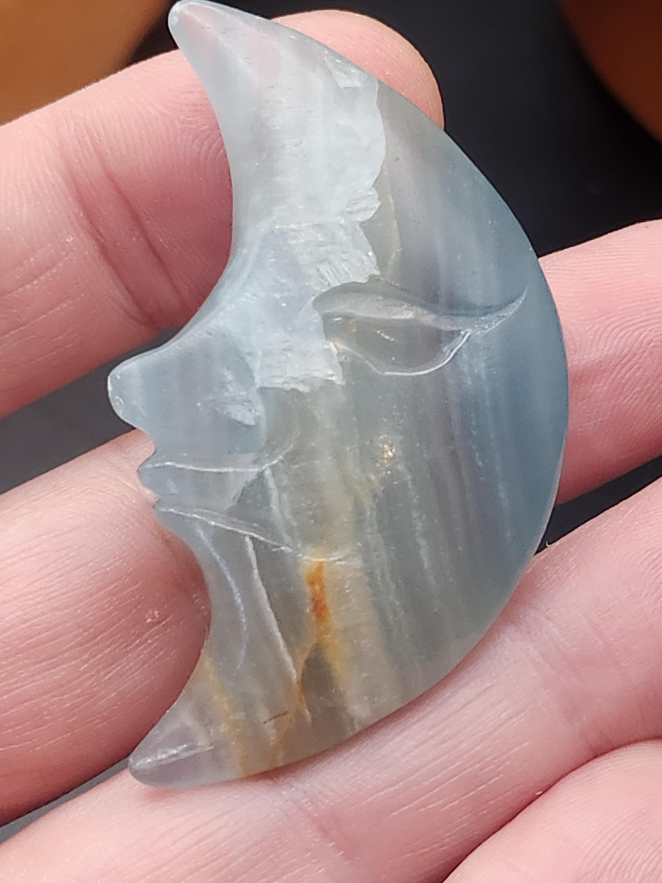 blue onyx carved moon face, small moon carving crystal gift