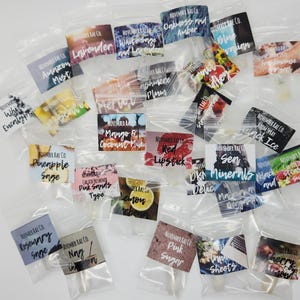 Puede incluir: Una colección de pequeñas bolsas de plástico transparente, cada una con un producto y una etiqueta. Las etiquetas presentan varios aromas como "Lavender", "Pink Sugar" y "Black Ice", con la marca "November Rae Co."