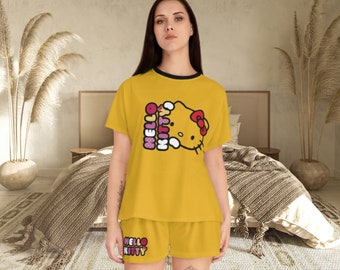 Hello Kitty kurzer Pyjama für Frauen, trendiger Sommer Pyjamas Short Set, Top und Shorts Pyjama Set, bequeme Sommershorts, Geschenk für Sie