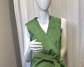 Vintage Handmade Green Suede Sleeveless Wrap Dress