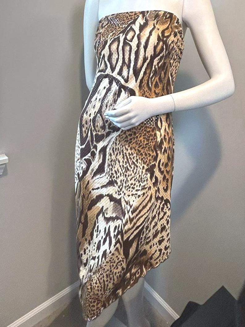 Caché Asymmetrical Animal Print Strapless Dress
