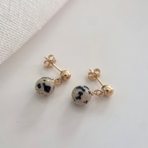 Gold Filled Stud Drop Earrings Dalmatian Jasper, Gift for her image 1