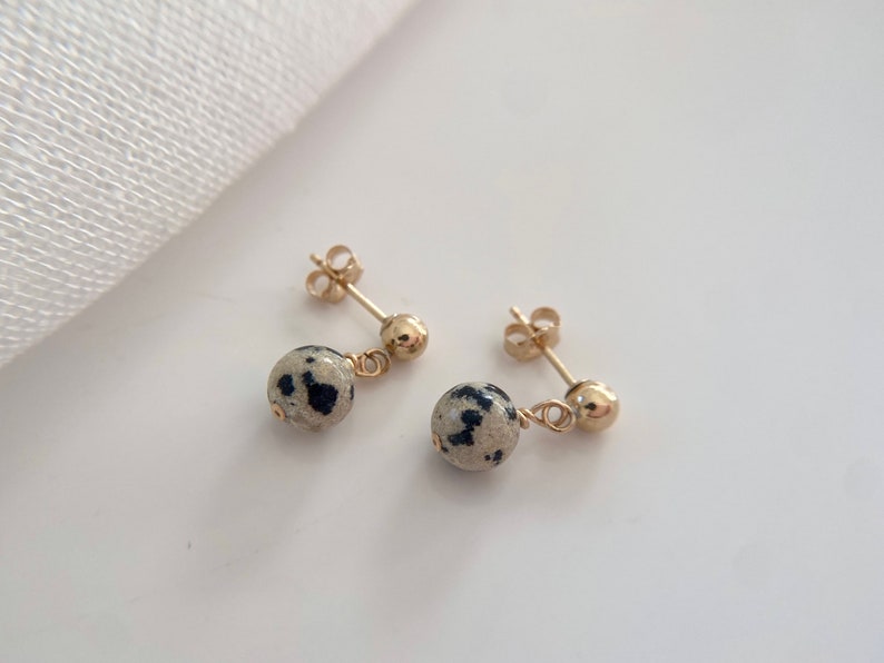 Gold Filled Stud Drop Earrings Dalmatian Jasper, Gift for her image 1