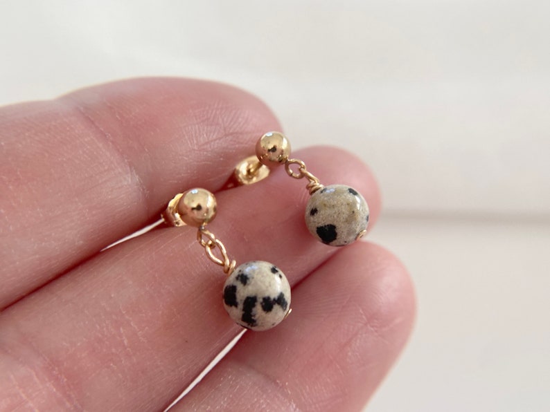 Gold Filled Stud Drop Earrings Dalmatian Jasper, Gift for her image 4