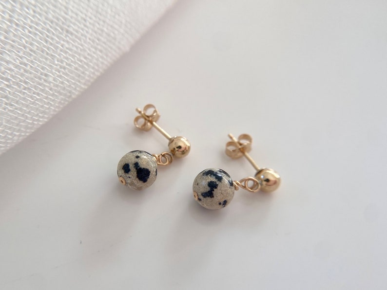 Gold Filled Stud Drop Earrings Dalmatian Jasper, Gift for her image 6