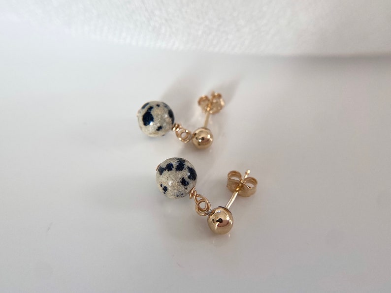 Gold Filled Stud Drop Earrings Dalmatian Jasper, Gift for her image 7