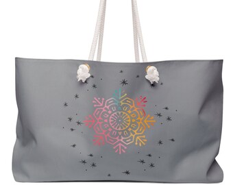 Boho Rainbow Snowflake Weekender Bag - Weekend Tote Bag - Winter Snowflake Tote - Winter Holiday - Winter Decor Tote Bag