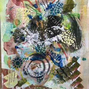 Abstract Art 9x12 unframed - Bronze, Brown, Blue Tribal Design -Dragon Eyes Series #3