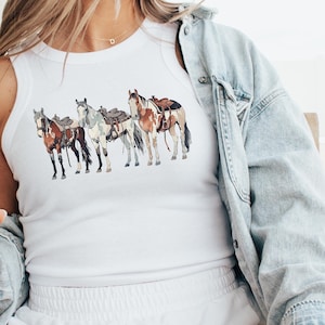Western Horses Women&#39;s Tank Top, Rodeo Theme Sleeveless Shirt, Cowgirl Country Apparel, Horse Lover Gift, Racerback Muscle Tee, Southwest