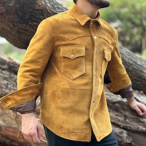 Men&#39;s Brown Real Suede Leather Trucker Shirt, Western Style Suede Trucker Shirt, Cowboy Suede Leather Shirt