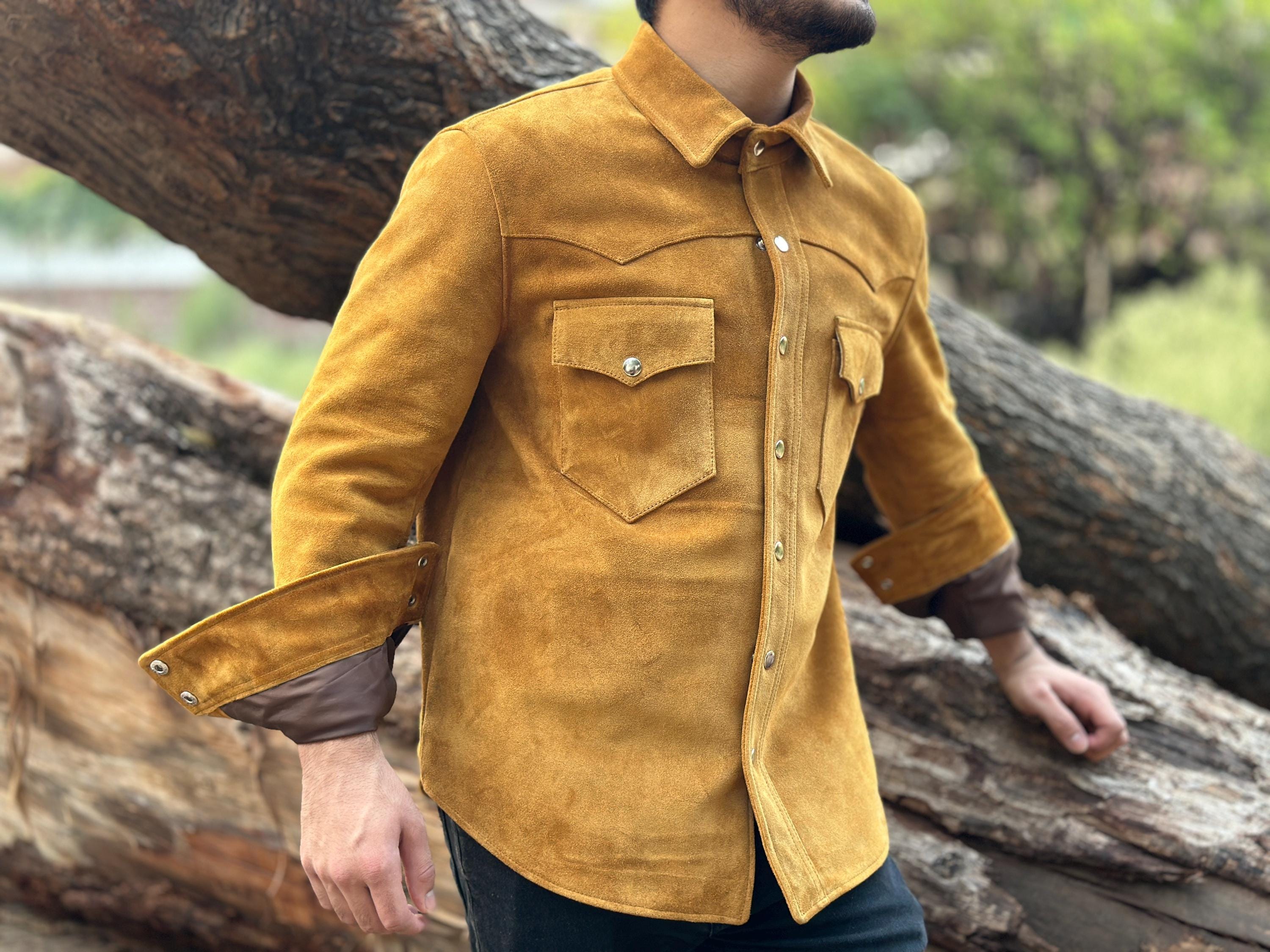 Men's Brown Real Suede Leather Trucker Shirt, Western Style Men's Brown Real Suede Leather Trucker Shirt, Western Style