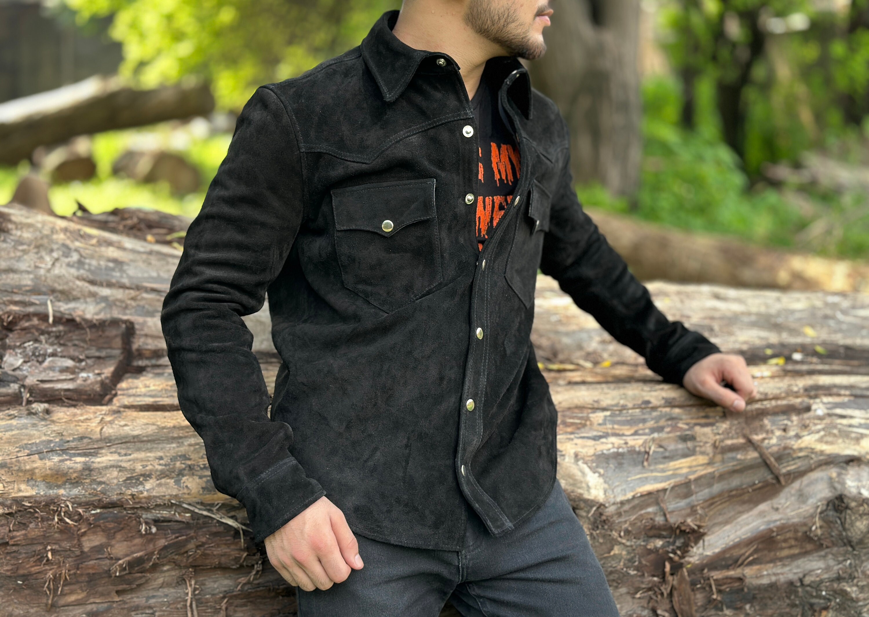 【アウトレット☆送料無料】 Mens Black Suede Leather Shirt, Western Style Cowboy Classic ジャケット・アウター
