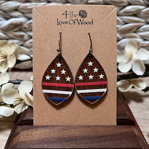 Patriotic, Red, White, and Blue Teardrop Earrings; Lightweight Wood Earrings, Hand Painted, Perfect for the 4th of July