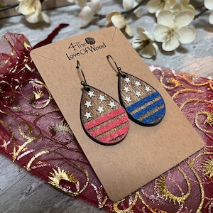 Patriotic, Red, White, and Blue Teardrop Earrings; Lightweight Wood Earrings, Hand Painted, Perfect for the 4th of July