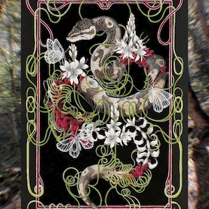 May include: A rectangular art print on a black background featuring a coiled snake with brown and gray scales, surrounded by white flowers, red foliage, and translucent white butterflies, all framed by intricate green and red line work.