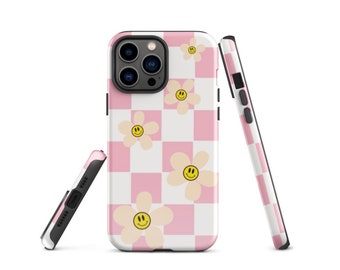 Checkered Daisies Tough Case for iPhone® | Pink Checkered | iPhone 12 13 14 15